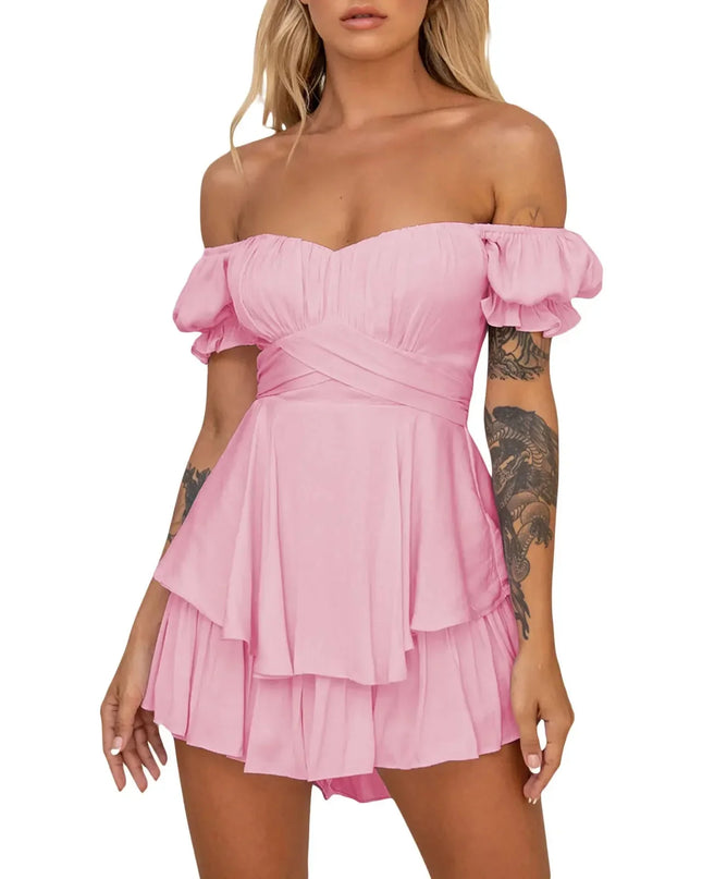 Women s Boho Off Shoulder Romper Double Layer Ruffle Hem Lantern Long Sleeve Waist Tie Back Chiffon Short Jumpsuits