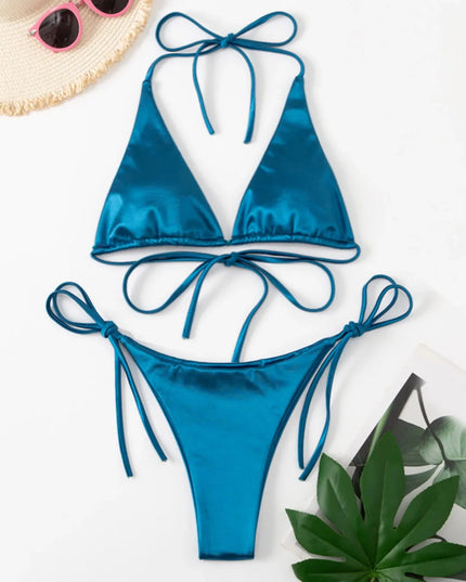 ShimmerWave: Luxe Satin Brazilian Bikini Set