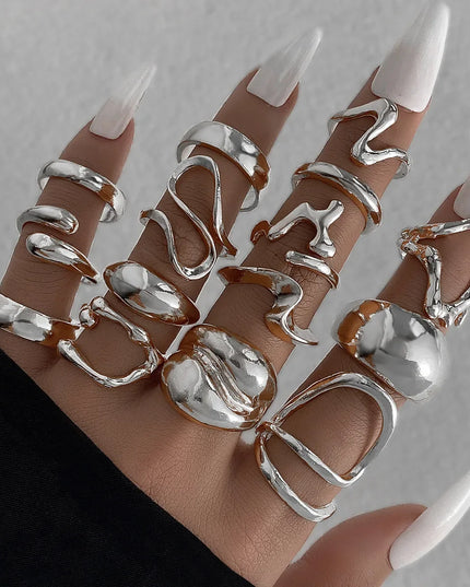 15Pcs/Set Exaggerated Metal Irregular Lines Water Droplet Smooth Rings for Women Men Punk Retro Boho Fashion Jewelry Gift Caethelstore.com