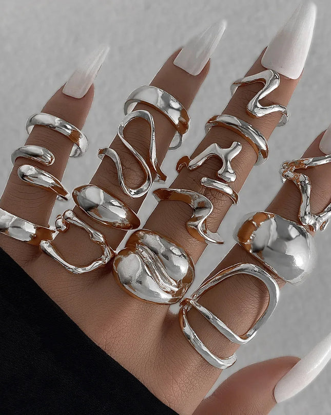 15Pcs/Set Exaggerated Metal Irregular Lines Water Droplet Smooth Rings for Women Men Punk Retro Boho Fashion Jewelry Gift Caethelstore.com