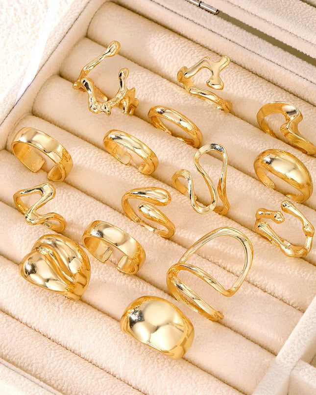 15Pcs/Set Exaggerated Metal Irregular Lines Water Droplet Smooth Rings for Women Men Punk Retro Boho Fashion Jewelry Gift Caethelstore.com
