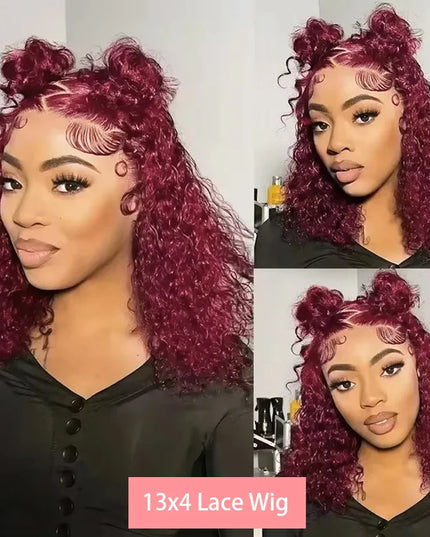 99J Colored Curly Deep Water Wave 13x4 Lace Front Wigs Preplucked Burgundy Red Short Cut Bob Frontal Wig 100% Human Hair 14 Inch