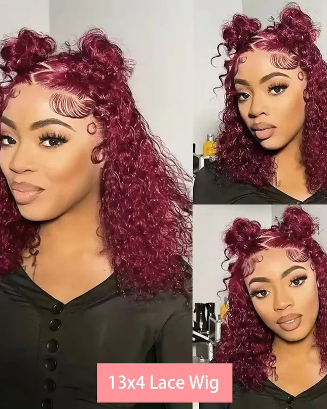 99J Colored Curly Deep Water Wave 13x4 Lace Front Wigs Preplucked Burgundy Red Short Cut Bob Frontal Wig 100% Human Hair 14 Inch