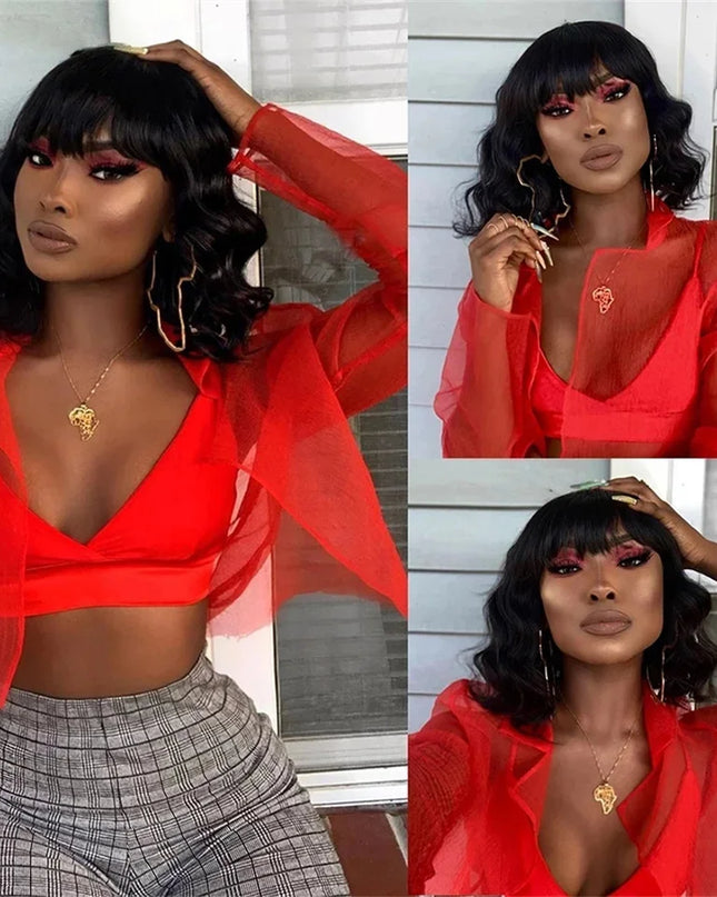 Short Bob Wig Body Wave Human Hair Wig With Bangs Full Machine Made Glueless For Black Women Loose Body Wave Human Hair Wig