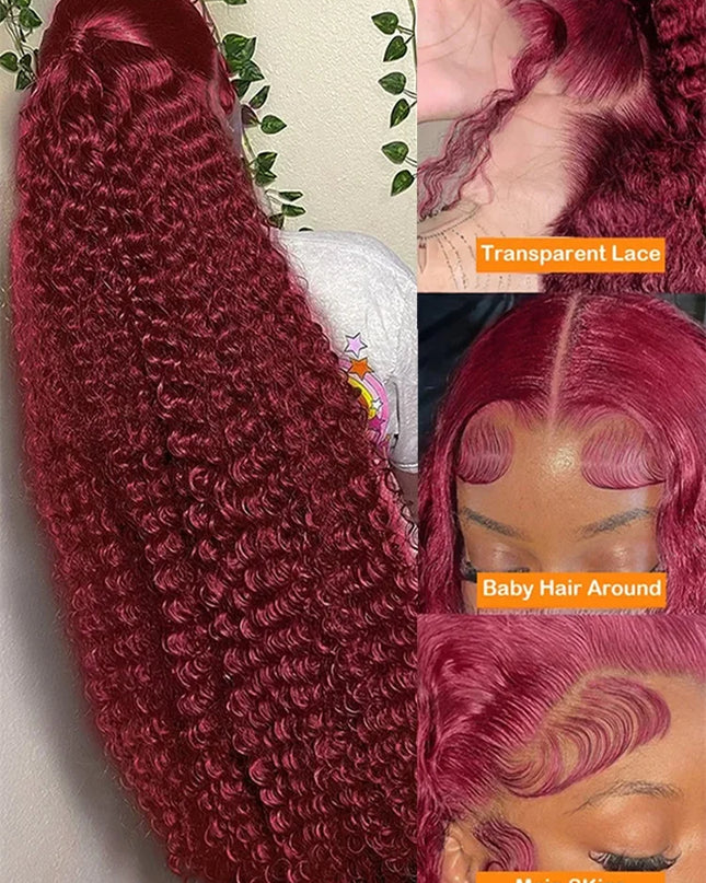 100% Human Hair Deep Wave 99J Burgundy 13x4 Lace Frontal Wig 13x6 Curly 30 40 Inch HD Lace Front Wigs Red Water Kinky Brazilian