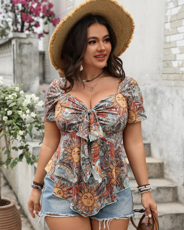 GIBSIE Plus Size Sweetheart Neck Knot Front Print Tops