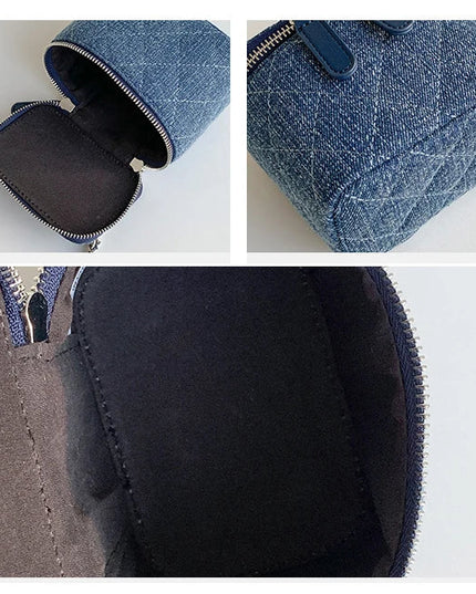 Mini denim crossbody bag for women with Lingge chains and fashion box design, ideal lipstick coin purse.