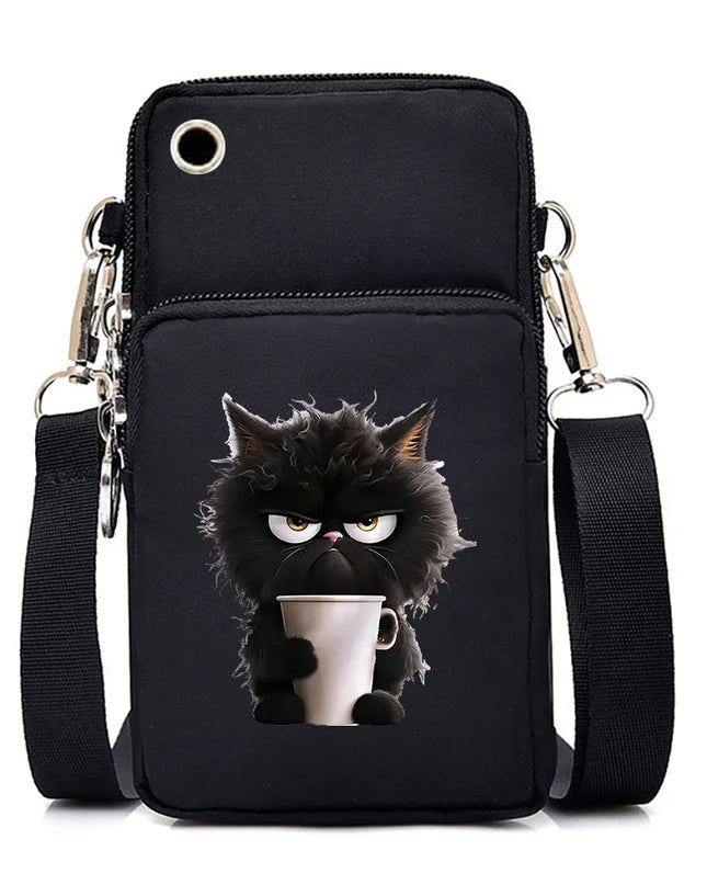 Women's Handbags Black Explosive Coffee Cat Messenger Bags | Female Cartoon Shoulder Bag Purse (Fashion Mobile Phone Crossbody Bags)