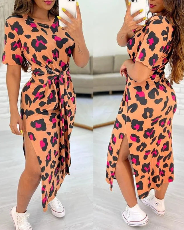 White Leopard Print Dress Tied Detail Slit Side Split Dress