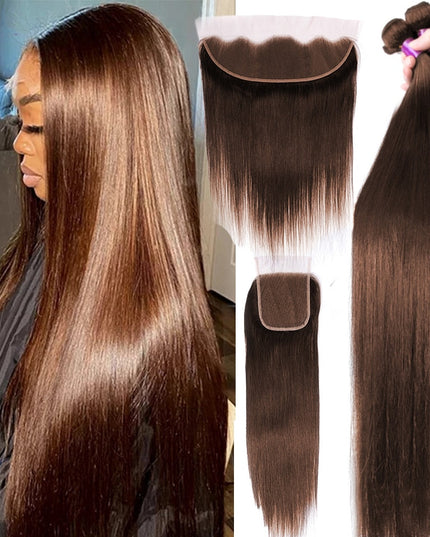 Chocolate Brown Bone Straight Human Hair Bundles with 4x4 Lace Closure Frontal Remy Brazilian Hair Weave Bundles with Closure HOL stores