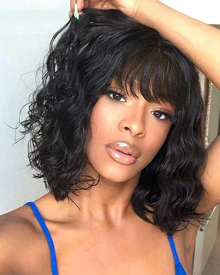 Short Bob Wig Body Wave Human Hair Wig With Bangs Full Machine Made Glueless For Black Women Loose Body Wave Human Hair Wig