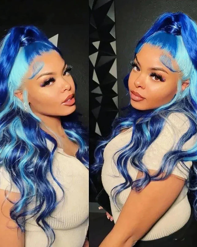 13x4 Lace Front Wig Blue Body Wave Wig Natural Highlight Blue Streak Wave Wigs for Womenen Synthetic Glueless Wigs Daily