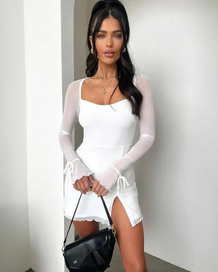 BOOFEENAA See Through Mesh Long Sleeve Dress White Black Sexy Club Outfits Square Neck Slit Mini Dresses for Women C18-BH24