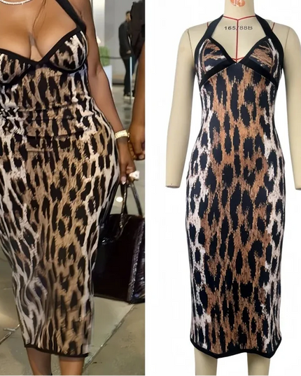 Leopard Print V-Neck Sleeveless Midi Dress
