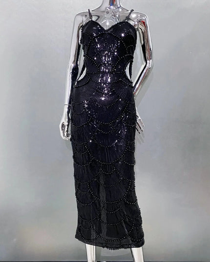 STOCK New Arrival Shining Sequins Beading Hollow Out Spaghetti Strap Long Dress Woman Birthday Party Dress Sweet Dateing Outfit