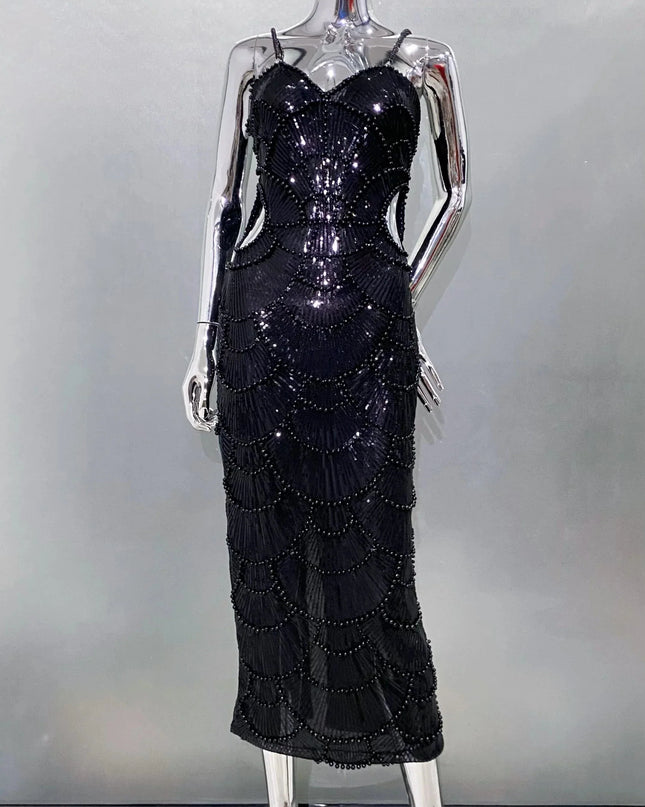 STOCK New Arrival Shining Sequins Beading Hollow Out Spaghetti Strap Long Dress Woman Birthday Party Dress Sweet Dateing Outfit