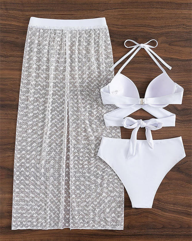 Sensual  Three Pieces Bikini with Mesh Skirt Three Pieces Swimsuit | ZAKAPOP