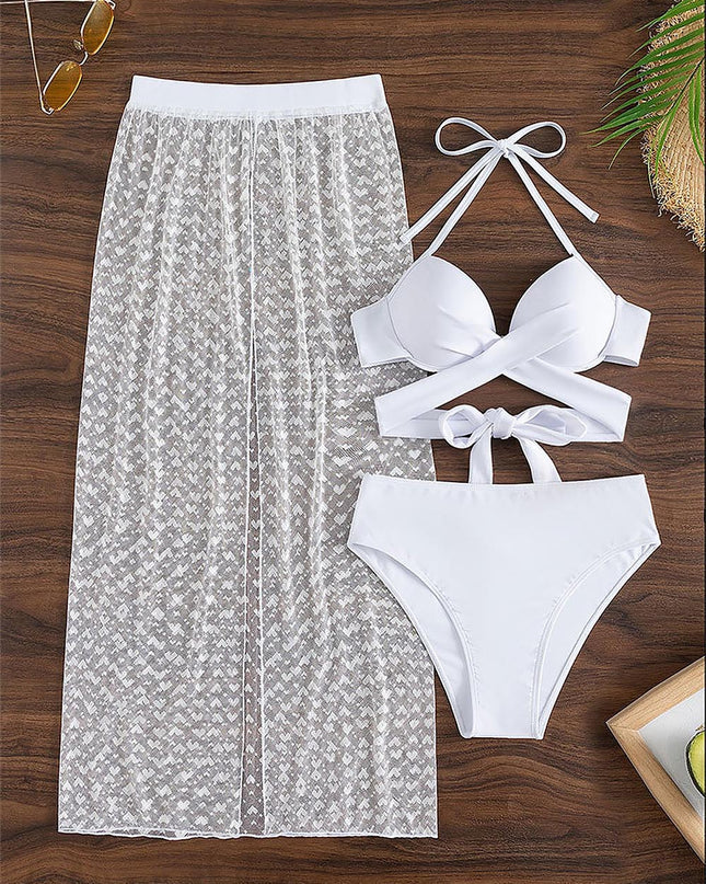 Sensual  Three Pieces Bikini with Mesh Skirt Three Pieces Swimsuit | ZAKAPOP