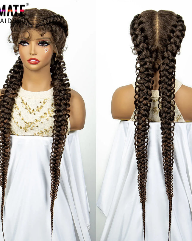 1B/30 Dark Brown Synthetic Lace Frontal Dutch Box Braided Wigs for Black Women Fishtail Braids Wigs with Baby Hair Cornrow Wigs Caethelstore.com