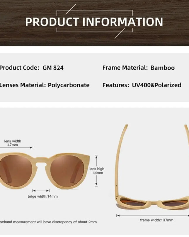 GM Natural Bamboo Sunglasses Women Polarized UV400 Brand Designer Classic Sun glasses Men Vintage Wooden Sunglasses S824