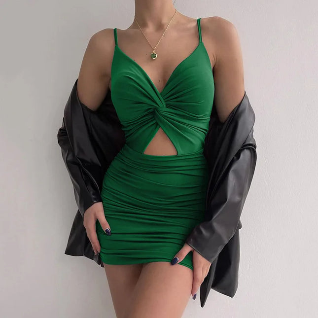 2022 Sexy Spaghetti Strap Bodycon Dress Women Backless Folds Wrap Hip Dresses Female Causal Streetwear Slim Dress Vestidos Robes Caethelstore.com