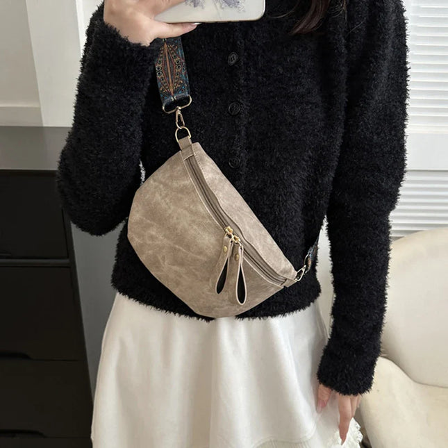 Solid Taupe PU Leather Chest Bag for Women | Stylish Wide Strap Fanny Pack & Shoulder Bag, Casual Fashion