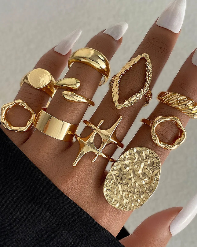 15Pcs/Set Exaggerated Metal Irregular Lines Water Droplet Smooth Rings for Women Men Punk Retro Boho Fashion Jewelry Gift Caethelstore.com