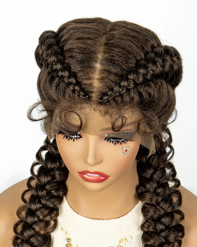 1B/30 Dark Brown Synthetic Lace Frontal Dutch Box Braided Wigs for Black Women Fishtail Braids Wigs with Baby Hair Cornrow Wigs Caethelstore.com