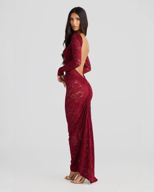 Stella Lace Backless Sculpting Ruched Burgundy Maxi Dress