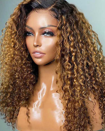 Junoda Dark Roots Ginger Brown Curly Lace Front Wig T1B/30 Colored Ombre Human Hair Wigs junoda