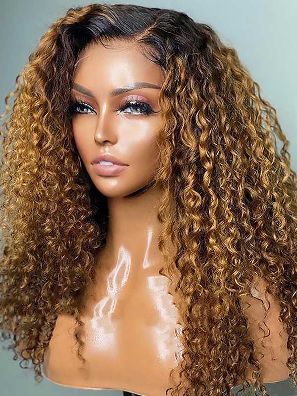 Junoda Dark Roots Ginger Brown Curly Lace Front Wig T1B/30 Colored Ombre Human Hair Wigs junoda