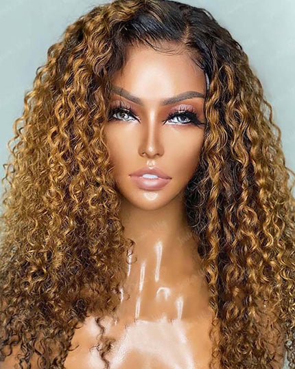 Junoda Dark Roots Ginger Brown Curly Lace Front Wig T1B/30 Colored Ombre Human Hair Wigs junoda
