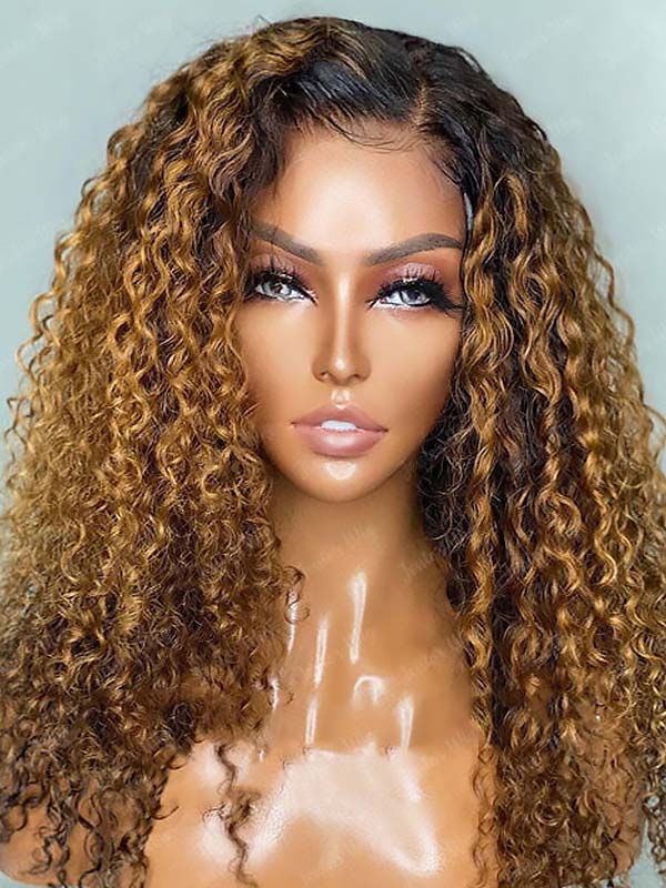 Junoda Dark Roots Ginger Brown Curly Lace Front Wig T1B/30 Colored Ombre Human Hair Wigs junoda