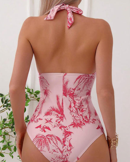 Tropical Print Halter One Piece Swimsuit | ZAKAPOP