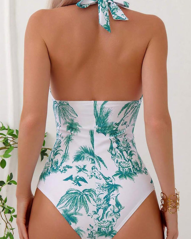 Tropical Print Halter One Piece Swimsuit | ZAKAPOP