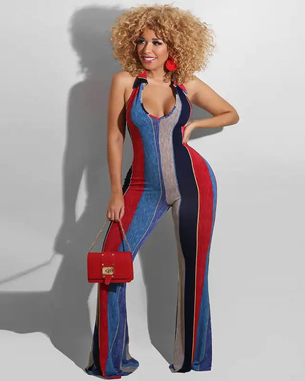 Striped Halter Jumpsuit with Horns for a Bold Look