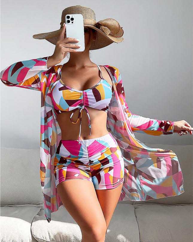Women's Geometric Print Three-Piece Set Swimsuit with Long-Sleeve Hoodie | ZAKAPOP