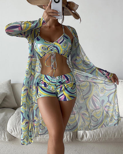 Women's Geometric Print Three-Piece Set Swimsuit with Long-Sleeve Hoodie | ZAKAPOP
