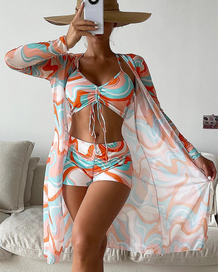 Women's Geometric Print Three-Piece Set Swimsuit with Long-Sleeve Hoodie | ZAKAPOP