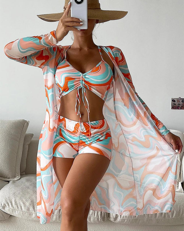 Women's Geometric Print Three-Piece Set Swimsuit with Long-Sleeve Hoodie | ZAKAPOP
