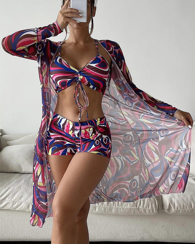 Women's Geometric Print Three-Piece Set Swimsuit with Long-Sleeve Hoodie | ZAKAPOP