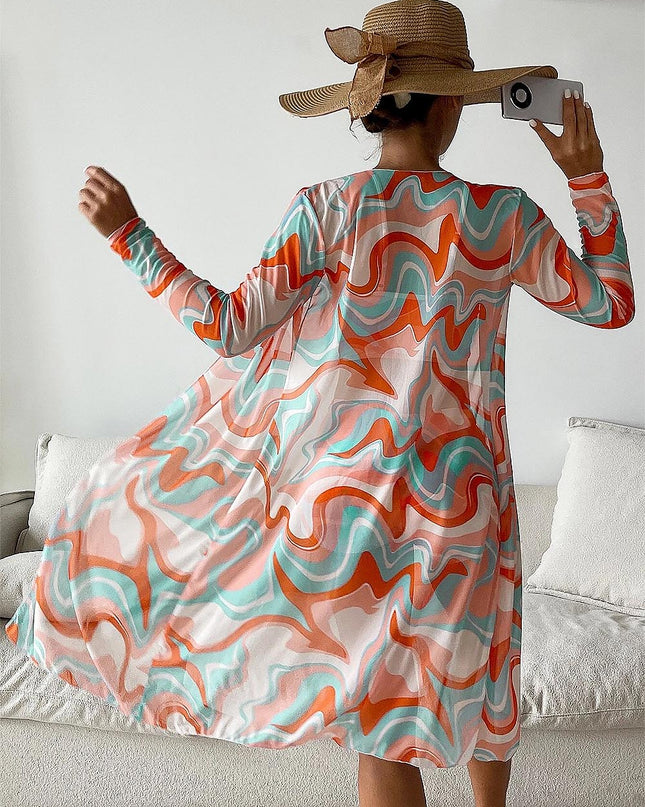 Women's Geometric Print Three-Piece Set Swimsuit with Long-Sleeve Hoodie | ZAKAPOP