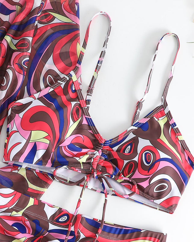 Women's Geometric Print Three-Piece Set Swimsuit with Long-Sleeve Hoodie | ZAKAPOP