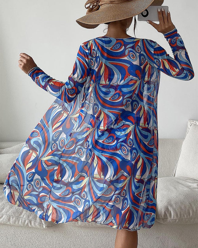 Women's Geometric Print Three-Piece Set Swimsuit with Long-Sleeve Hoodie | ZAKAPOP