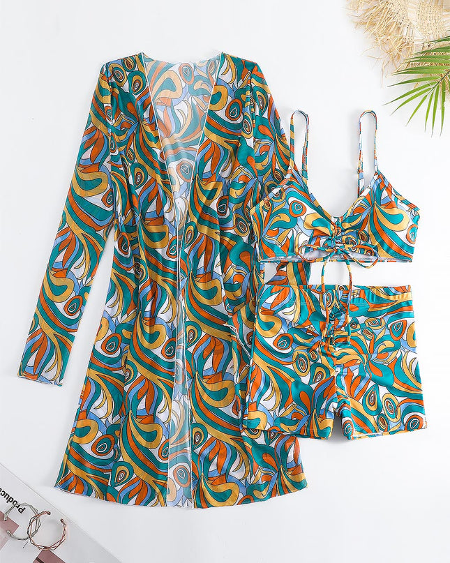 Women's Geometric Print Three-Piece Set Swimsuit with Long-Sleeve Hoodie | ZAKAPOP