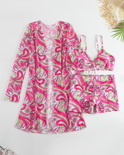 Women's Geometric Print Three-Piece Set Swimsuit with Long-Sleeve Hoodie | ZAKAPOP
