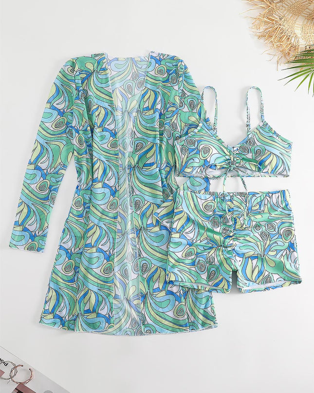 Women's Geometric Print Three-Piece Set Swimsuit with Long-Sleeve Hoodie | ZAKAPOP