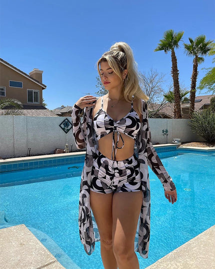 Women's Geometric Print Three-Piece Set Swimsuit with Long-Sleeve Hoodie | ZAKAPOP