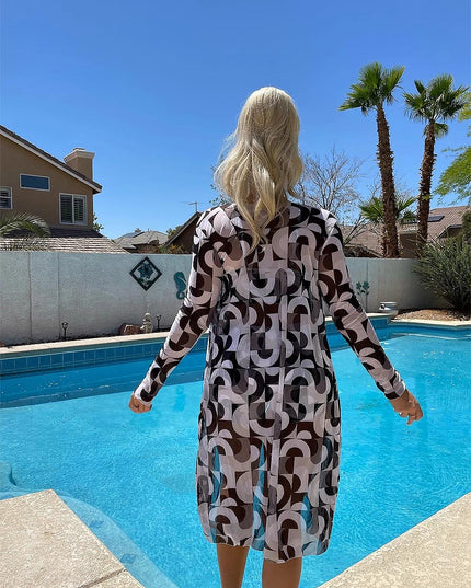 Women's Geometric Print Three-Piece Set Swimsuit with Long-Sleeve Hoodie | ZAKAPOP