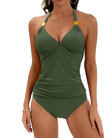 Women's Pure Color Halter Split Tie Two Piece Swimsuit